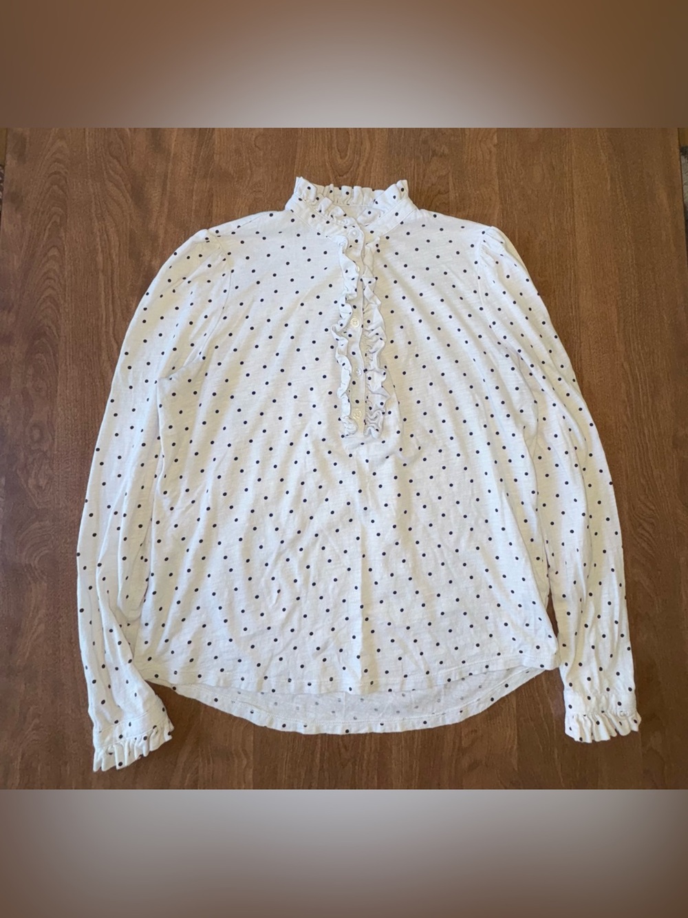 Women’s White Polka Dot Ruffle Neck Long Sleeve Top
